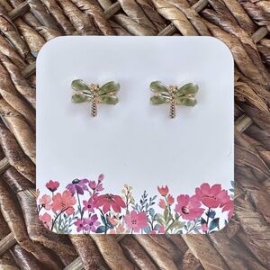 New Handmade Petite Gold-Tone and Green Dragonfly Stud Earrings